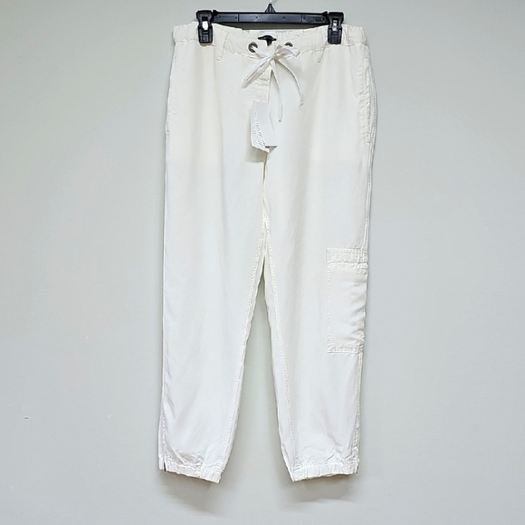 Eileen Fisher White Linen Blend Ankle Joggers Size M, Drawstring Waist, Pockets - Picture 1 of 13
